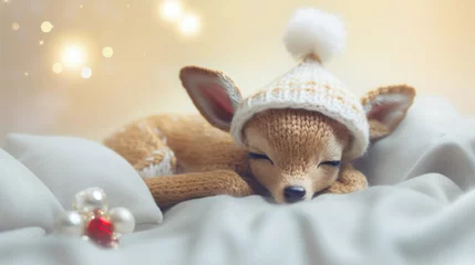 Schilderijen op glas Cute white baby deer in santa hat sleeping on white sheet, Christmas blurred background © tashechka