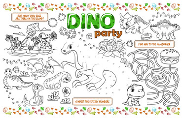 Festive placemat for children. Dino Party Printable activity sheet with Maze, Connect the Dots and Coloring page. 17x11 inch printable vector file