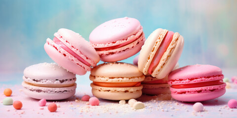 Obraz premium Macarons on a pastel background on watercolor style background