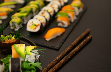 Luxurious and creative Sushi as Nigiri,Futomaki,Uramaki with Coconut chopsticks