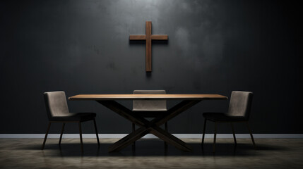 Naklejka premium Wooden table and chairs in the room with a cross in the background. Christian home interior