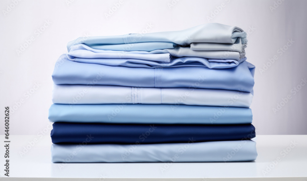 Poster folded clothes in stacks of various simple blue placed on a table on a light background