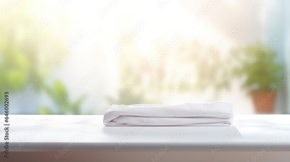 Poster white empty table background on blured laundry background