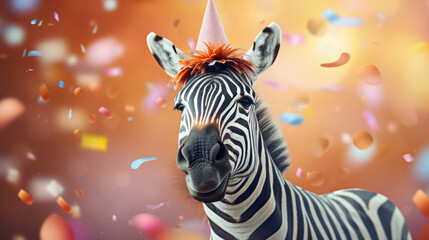 Fototapeta premium Happy zebra smiling wearing hat with flying confetti. Birthday concept
