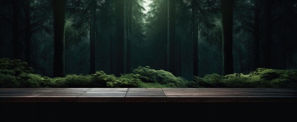 Empty wooden table in dark forest. Ready for product display montage