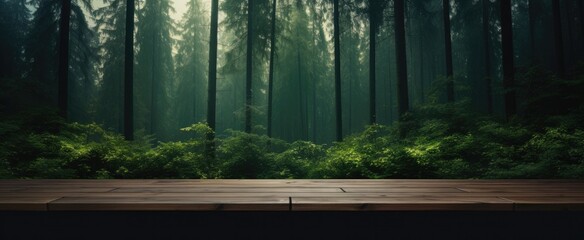 Empty wooden table in front of green forest background. Ready for product display montage
