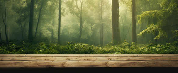 Empty wooden table with forest background. Ready for product display montage