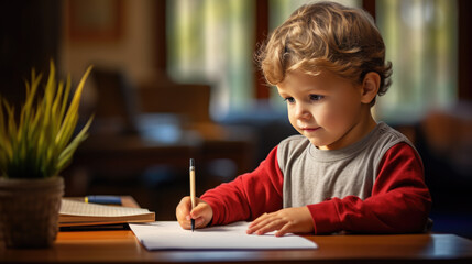 Little boy draws sitting at a table