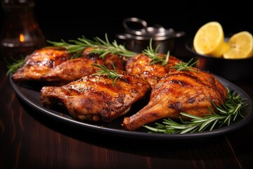 Appetizing grilled juicy chicken with golden brown crust served with lemon and rosemary