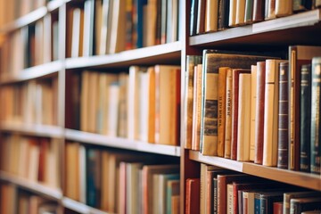 Closeup of books wellorganized on shelves in the bookstore. The concept of education