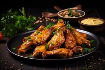 Fototapeta premium Baked chicken wings and legs in honey mustard sauce.
