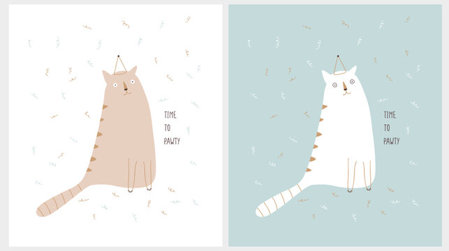 Time to Pawty. Funny Hand Drawn Vector Illustration with Brown and White Party Cat isolated on a White and Light Blue Background. Happy Cat in a Party Hat Sitting Among Falling Confetti. RGB Colors.