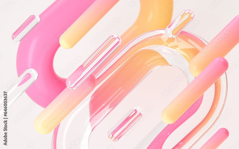 Poster dynamic background with glass and plastic shapes. 3d rendering illustration.