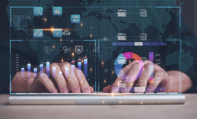 Analyst working with Business, Analytics and Data Management System on computer, make a report with KPI and metrics connected to database. Corporate digital transformation technology strategy