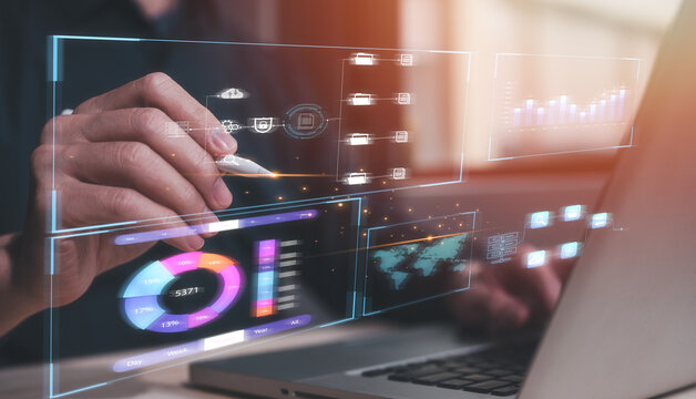 Analyst working with Business, Analytics and Data Management System on computer, make a report with KPI and metrics connected to database. Corporate digital transformation technology strategy