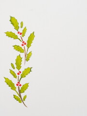 Left Border of Holly Twigs with Berries in Watercolor on White with Room for Text