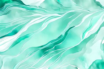Schilderijen op glas Pastel cyan mint liquid marble watercolor background with white lines and brush stains. Teal turquoise marbled alcohol ink drawing effect. Vector illustration backdrop, watercolour wedding invitation. © CREAM 2.0
