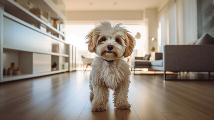 Cozy apartment living with an adorable Maltipoo: Your indoor dog companion.