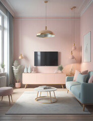 A modern style living room interior in pastel colors, pink decor