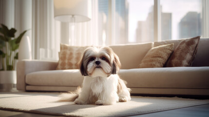 Embrace the comfort of pet ownership as a Shih Tzu graces a modern apartment's interior.