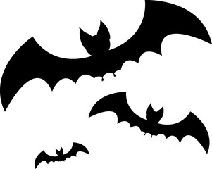 Flock of Black Silhouette Vampire Bats - Halloween Night Isolated : A haunting flock of black silhouette vampire bats, with outstretched wings, gracefully glides through the dark Halloween night.