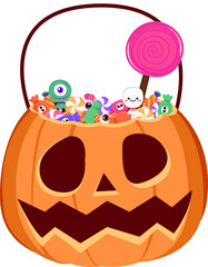 Exciting Jack O' Lantern Candy Bucket - Halloween Sweet Delights Isolated : A brimming pumpkin-shaped bucket filled with sweet candies and lollipops, ready for Trick or Treat on Halloween.
