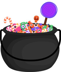 Witch's Magic Candy Cauldron - Halloween Trick or Treat Isolated : A mysterious black potion pot, reminiscent of a witch's cauldron, brimming with a delightful assortment of candies and lollipops.