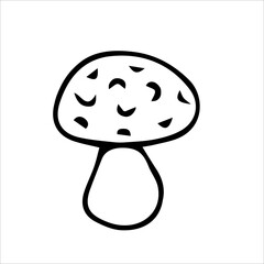 Mushroom with a spotted cap. Vector black and white hand-drawn illustration. Silhouette, icon, logo, sketch, template, doodles. Children's coloring book.