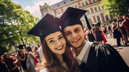 Happy smiling graduating friends in an academic gowns standing in front of college