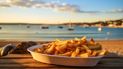 traditional english fish and chips at the seaside in england, fish and chip dinner with view of beach in background, generative ai