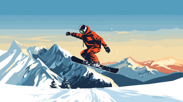copy space, simple vector illustration, simple colors, Snowboarding, jumping snowboarder in snowy mountains background, Man with snowboard flat style. Winter sport concept. Advertisement for ski vacat