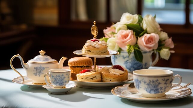 traditional english afternoon tea with scones and clotted cream and jam, with a pot of tea, generative ai