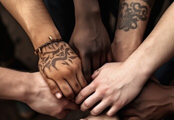 Tattooed hands of different skin colors. Diversity and equality concept.