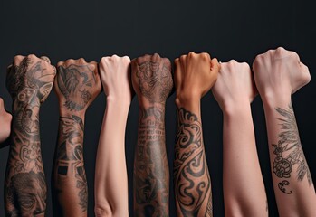 Tattooed hands of different skin colors. Diversity and equality concept. - obrazy, fototapety, plakaty