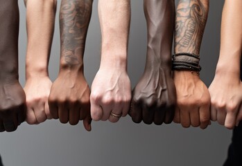 Hands of different skin colors. Diversity and equality concept.