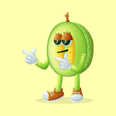 honeydew melon character with pointed hand and cool expression