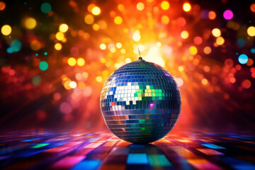 Obraz premium Disco ball illustration, multicolor music background (events, flyers etc.), with space for text