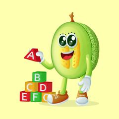honeydew melon character playing with blocks