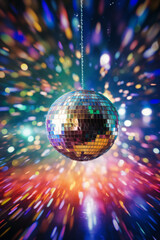 Disco ball illustration, multicolor music background (events, flyers etc.), with space for text - 646006831