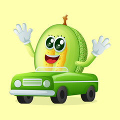 honeydew melon character playing with car toy