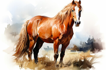 A brown horse standing on meadow drawn with watercolor