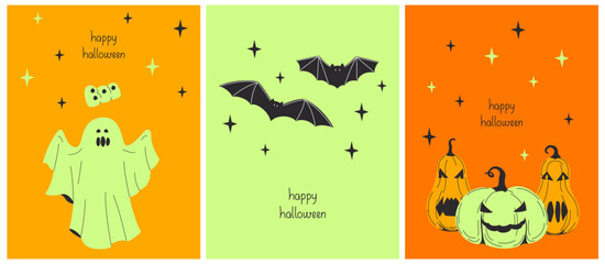 Cute Hand Drawn Halloween Cards. Ghost boo, Bat, Pumpkin, Stars on a orange, green Background. Happy Halloween