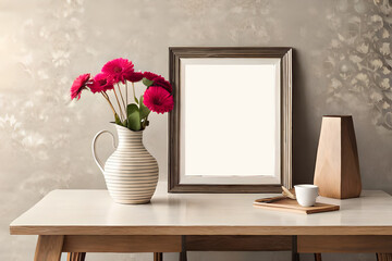 Empty Wooden Picture Frame Mockup Hanging on a Beige Wall Background. Boho Shaped Vase with Dry Flowers on the Table. Cup of Coffee and Old Books. Perfect for Working Space modern dining room interior