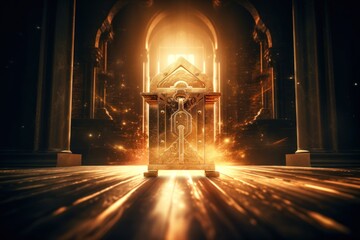 Fototapeta na wymiar Background of the interior of a enclosure mausoleum tomb and lighting golden effects Generative AI Illustration