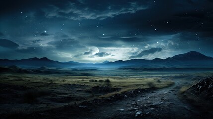 Night landscape of a lonely desert with no one with the sky full of clouds and stars inspirational scene Generative AI Illustration