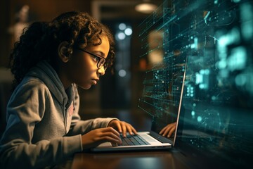 Future software engineer girl programming on a laptop on her first project in a coding class