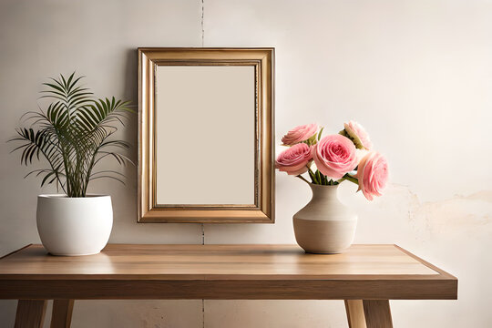 Empty Wooden Picture Frame Mockup Hanging on a Beige Wall Background. Boho Shaped Vase with Dry Flowers on the Table. Cup of Coffee and Old Books. Perfect for Working Space modern dining room interior