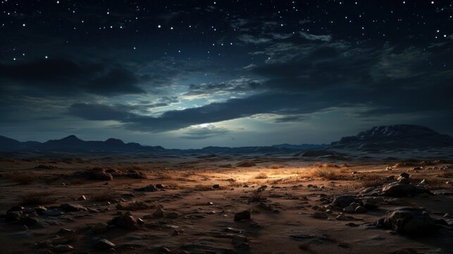 Night landscape of a lonely desert with no one with the sky full of clouds and stars inspirational scene Generative AI Illustration