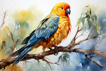 A colorful lovebird standing on branch drawn with watercolor