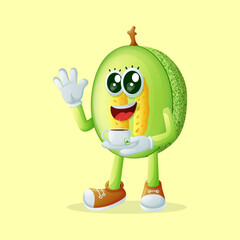 honeydew melon character holding a cup of tea
